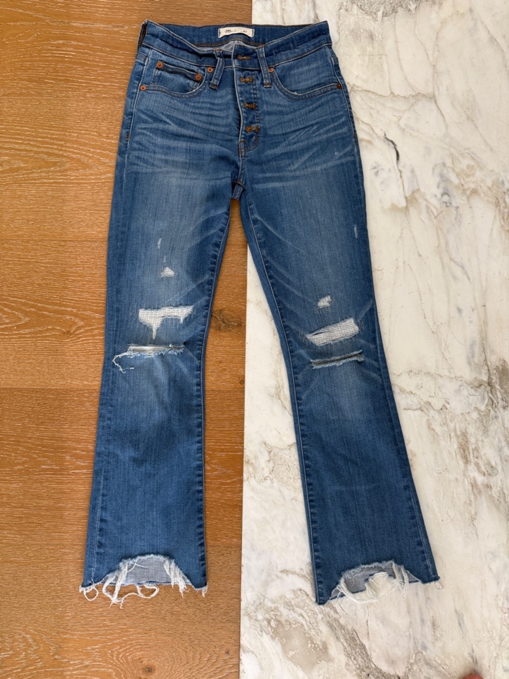 Madewell Cali Demi Boot. Distressed Dark Blue Flare Jeans
